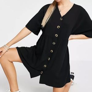 ASOS DESIGN v neck button through mini smock dress in black